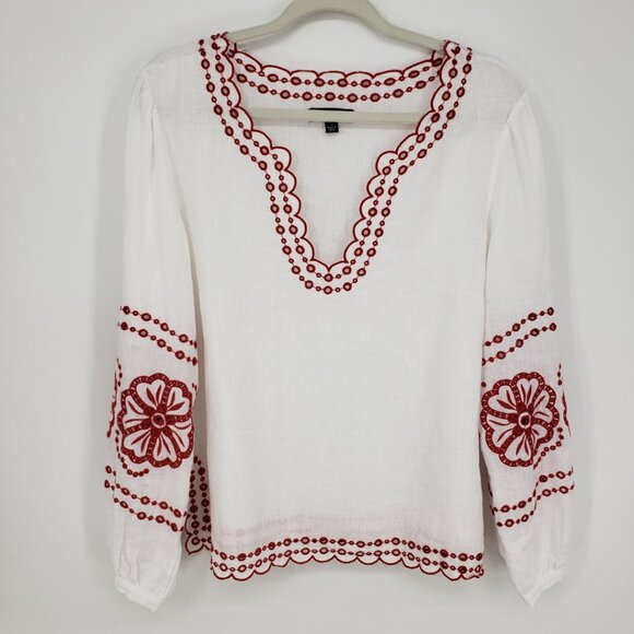 J. Crew Bungalow Embroidered Floral Linen Top S Womens Scallop Trim White Red - Picture 3 of 9